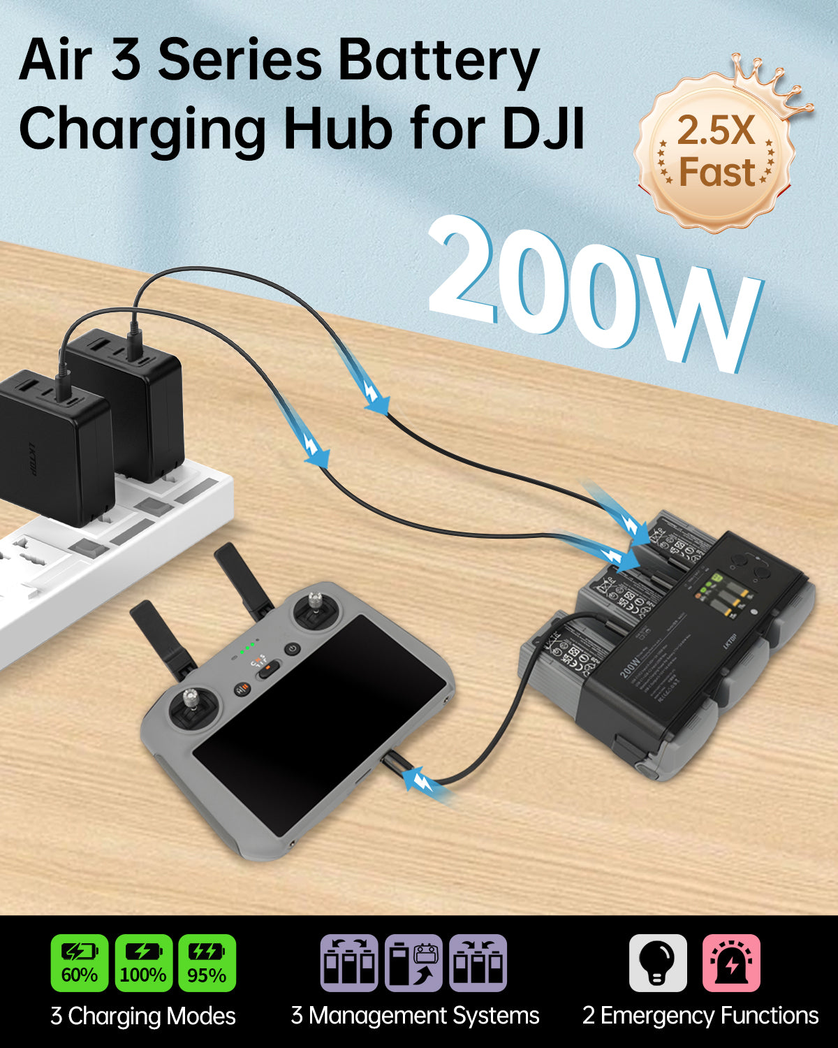 LKTOP 200W Air 3/Air 3S Parallel Charging Hub for DJI/Specta Air3 Series Drone