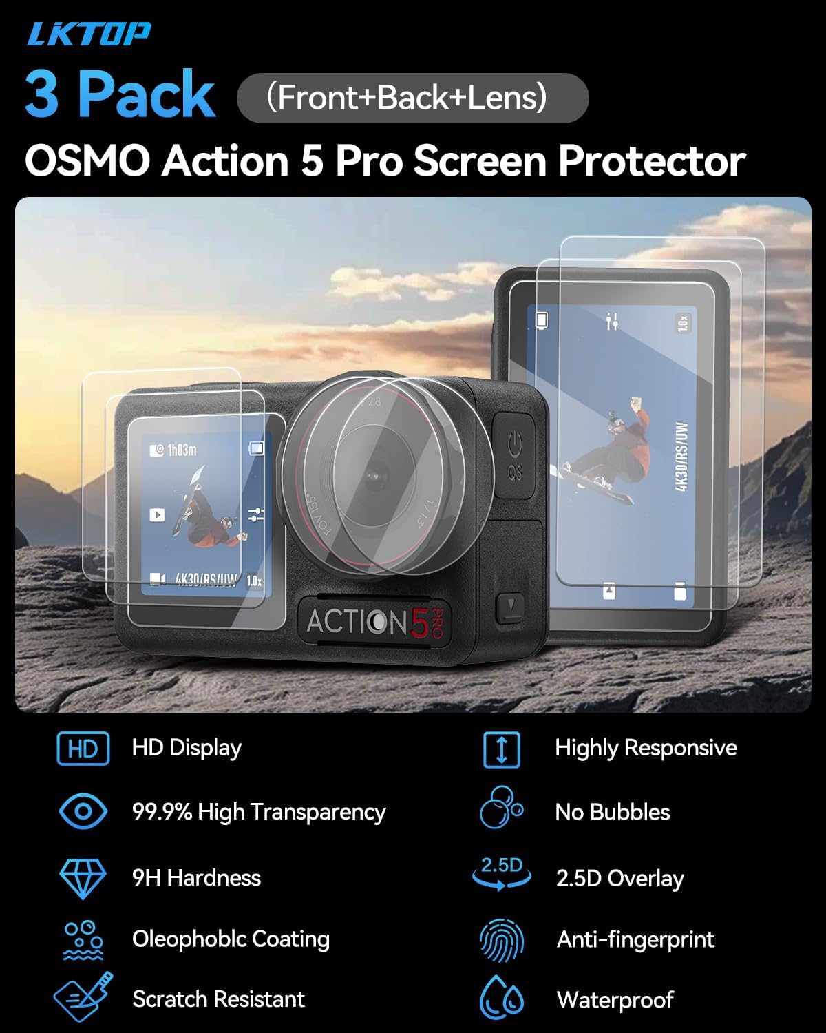 LKTOP 3 Pack DJI Osmo Action 5 Pro Screen Protector, Tempered Glass Front+Back+Lens Film LCD Display Cover for Action5 Pro Accessories, Ultra HD 9H Hardness, Anti Scratch Bubble, with Installation Kit