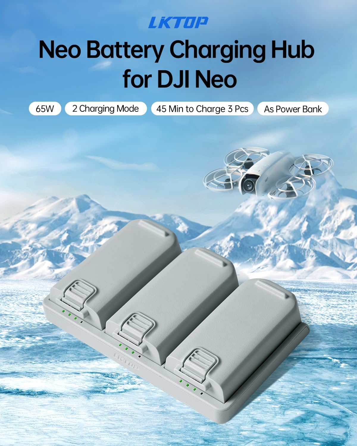 LKTOP 65W Neo Two-Way Charging Hub , Fast Battery Charger for DJI Neo Drone Accessories, with Storage/Output Mode, C to C Cable (Parallel Charge 3 Batteries: 45 min)