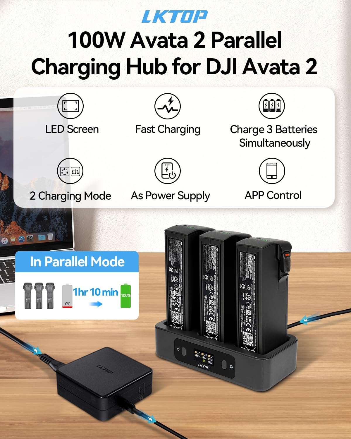 LKTOP 100W Avata 2 Battery Charging Hub, Two-Way USB-C Fast Charger with LED Screen Display (2X Fast, Parallel Charge 3 Batteries: 1 hr 10min)
