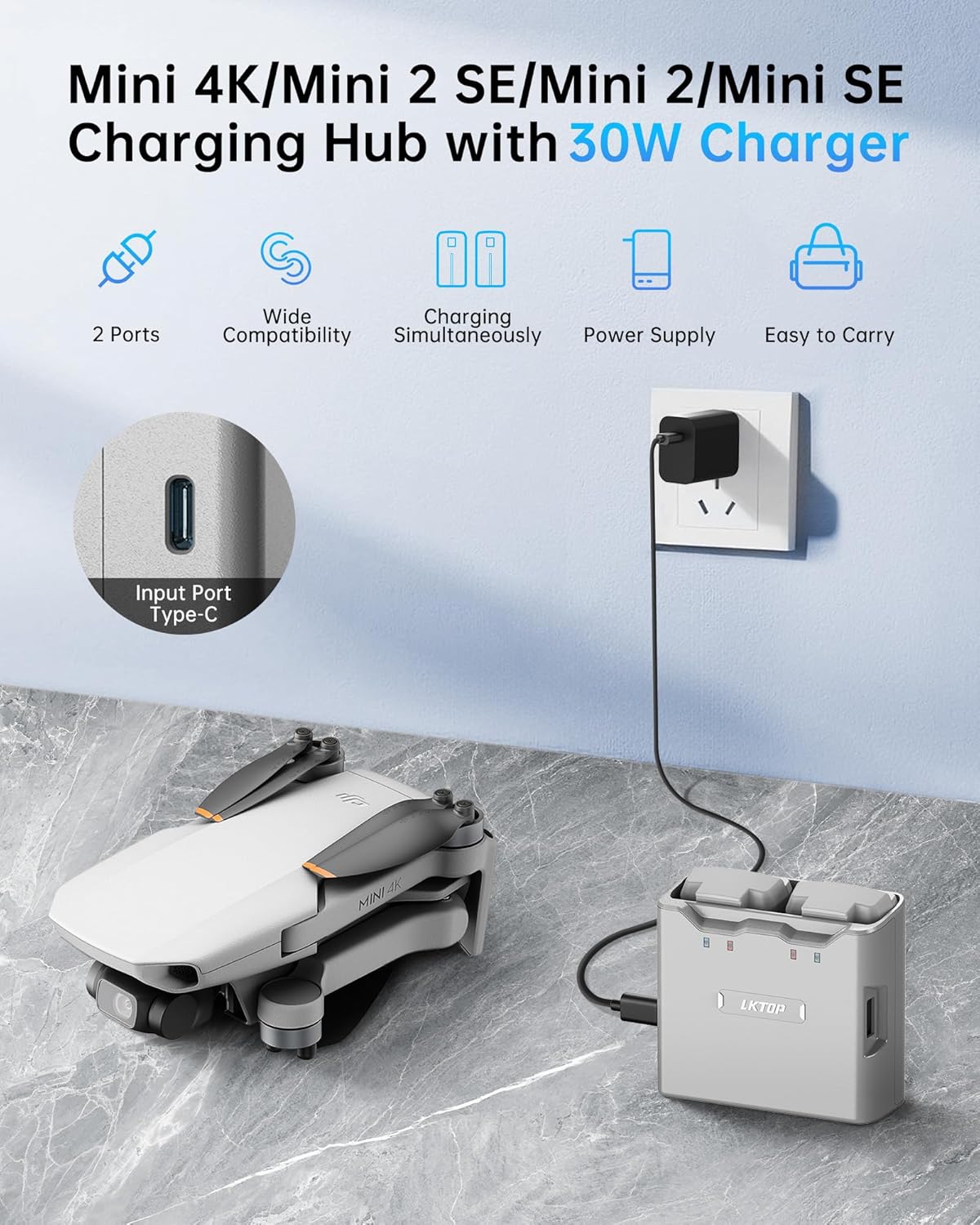 LKTOP Mini 4K/Mini 2 Series Battery Charging Hub, Parallel Charge Dual Batteries, with Discharging Mode (USB-A to USB-C Cable Included))
