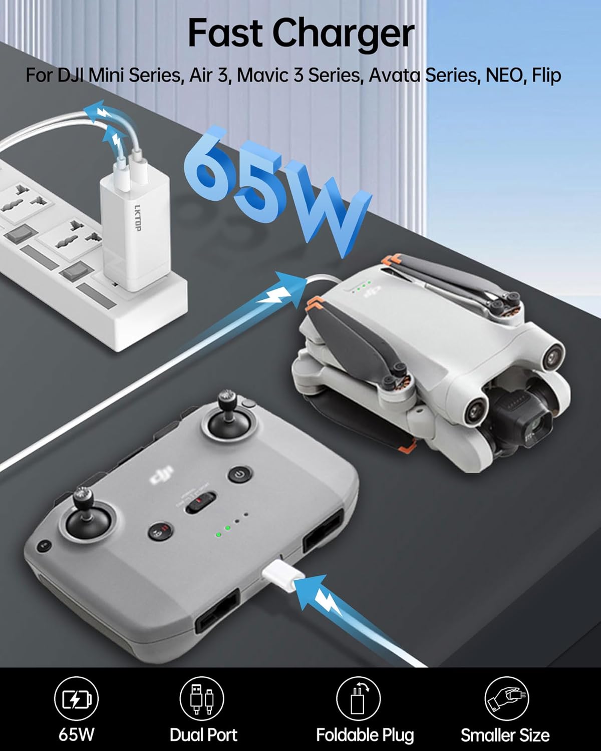 LKTOP 65W Portable Battery Charger for DJI/Specta Flip/Mini Series/Air 3/Air 3S/Mavic 3 Series/Avata 2/Mini 4K/Neo Drone, Controller, Osmo Pocket/2/3, Action 3/4/5 Pro, Goggles 2 (with C to C Cable)