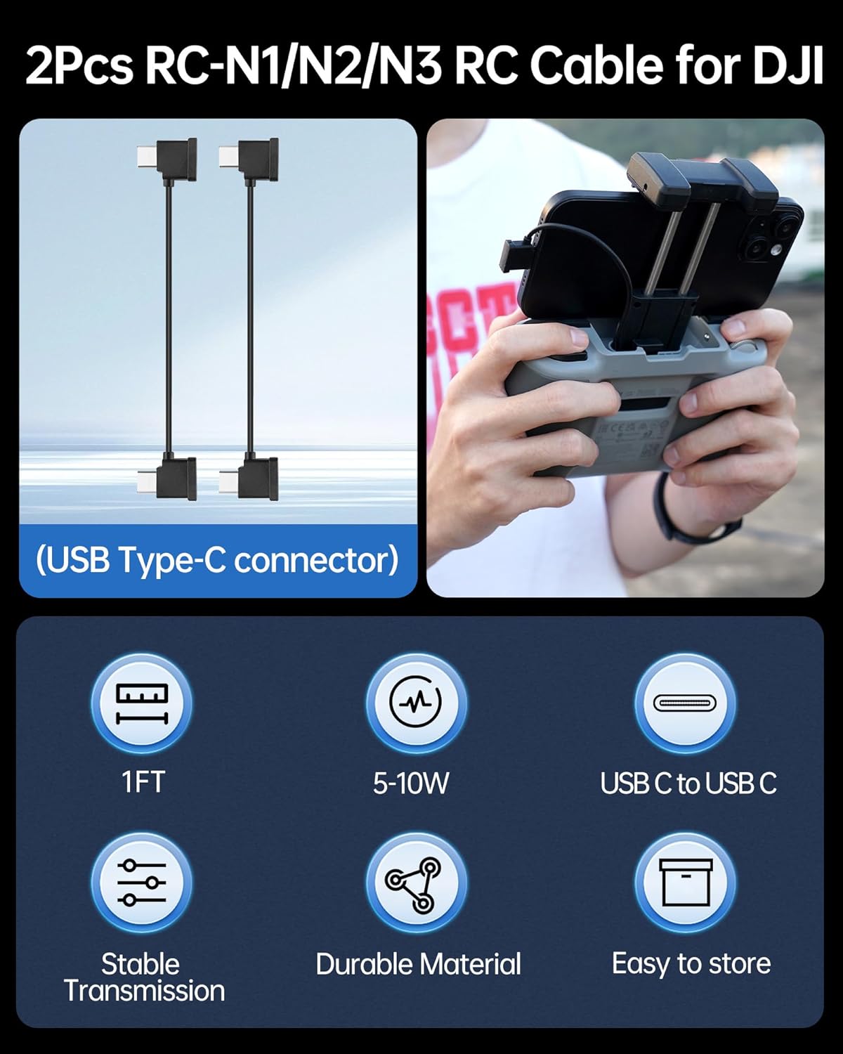 LKTOP 2 Pcs Dual USB-C RC Cable for DJI RC-N3/N2/N1 Remote Controller, USB Type-C Connector for DJI Mini 4/3/2 Series, Mini 4K, Air 3/Air 2S/Mavic Air 2, Mavic 3 Series, Neo