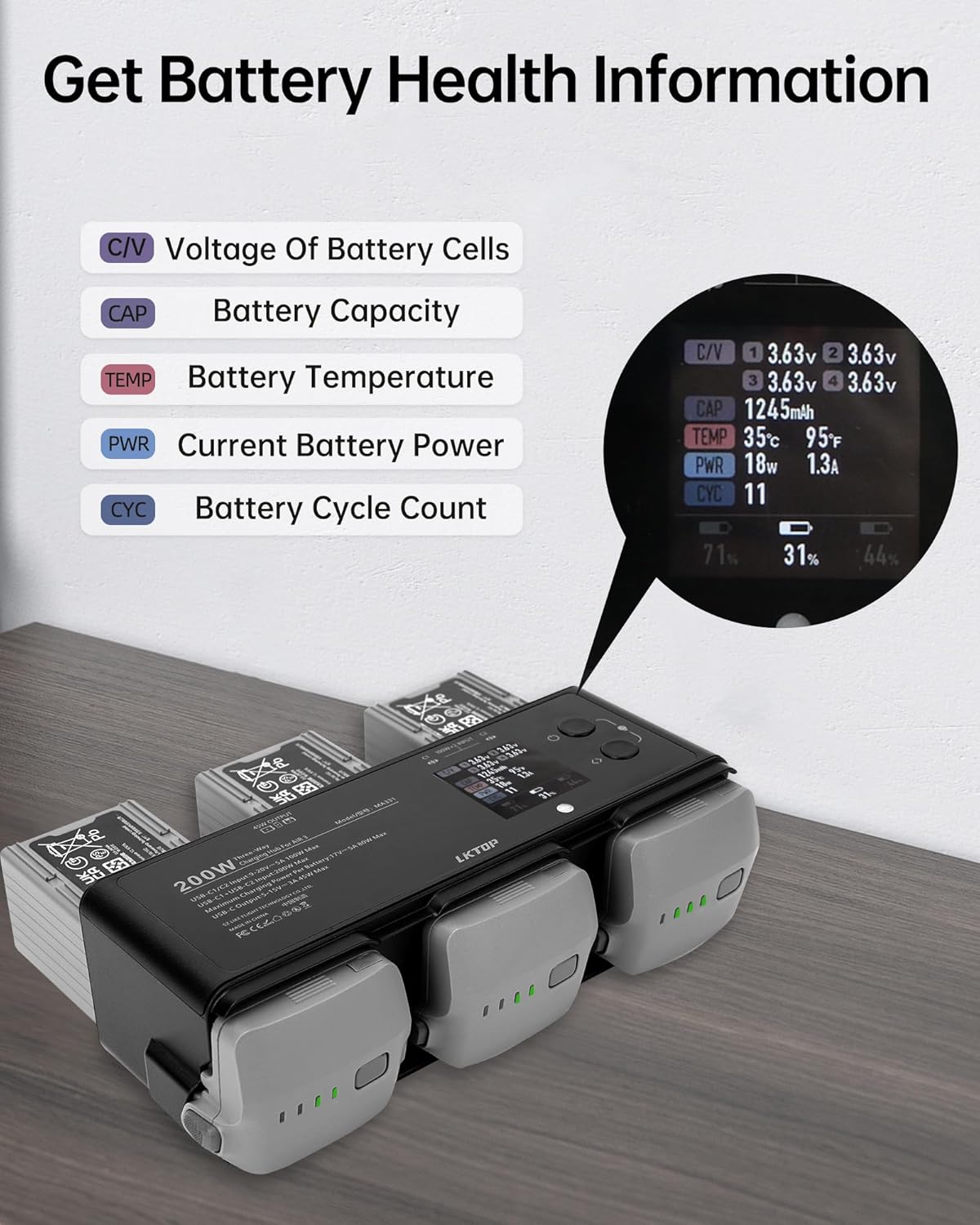 LKTOP 200W Air 3 Series Battey Charging Hub for DJI/Specta Air 3 Series Drone,  with Gather Average Electricity/Fast Charging/Storage/LED/Alarm Mode, LED Display Screen
