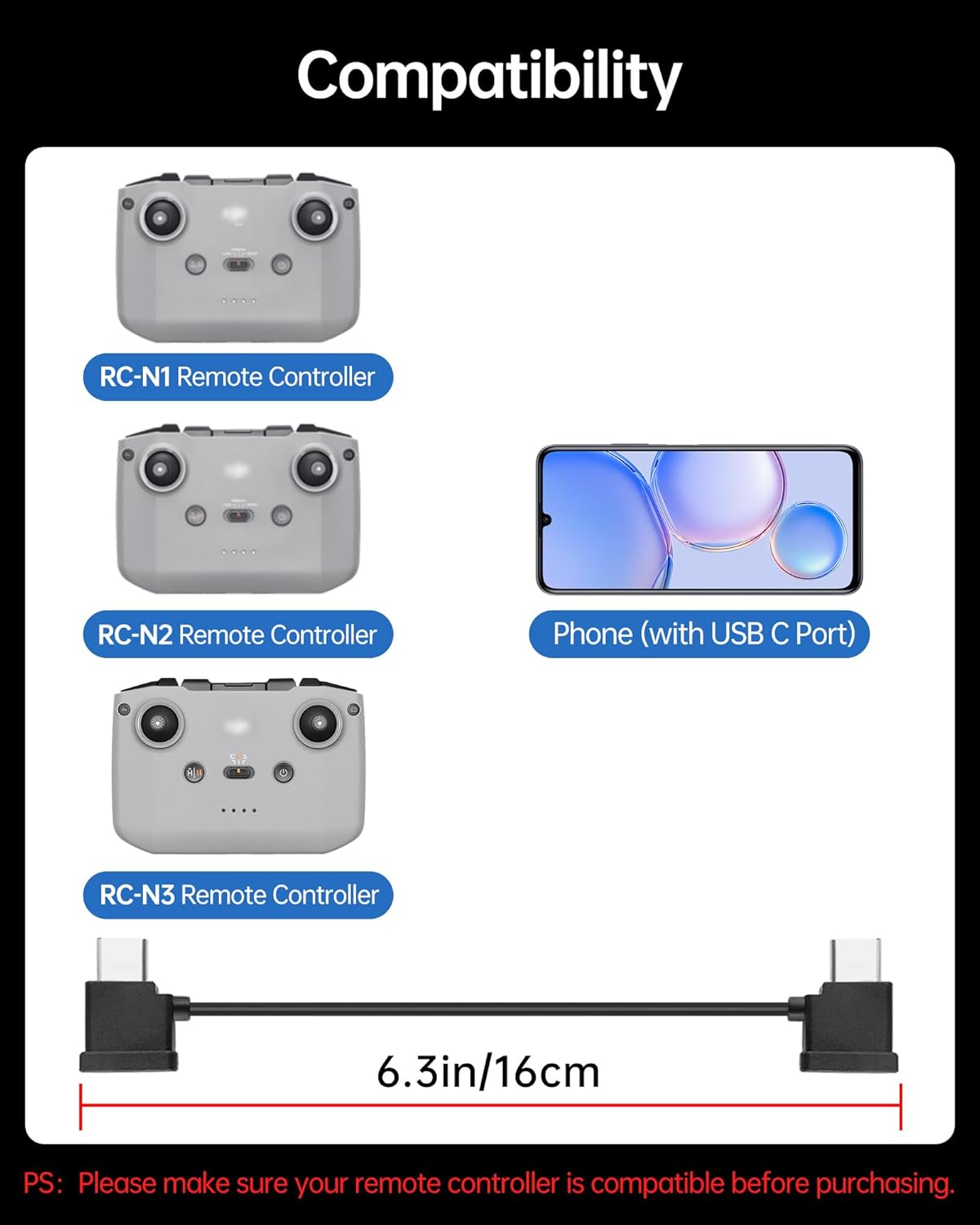 LKTOP 2 Pcs Dual USB-C RC Cable for DJI RC-N3/N2/N1 Remote Controller, USB Type-C Connector for DJI Mini 4/3/2 Series, Mini 4K, Air 3/Air 2S/Mavic Air 2, Mavic 3 Series, Neo