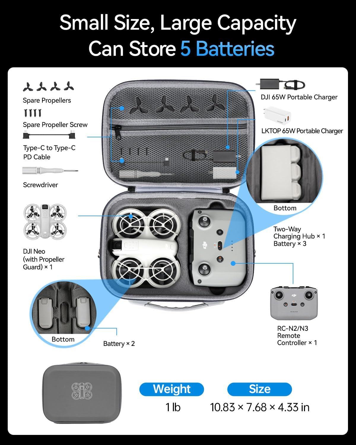 LKTOP Carrying Case for DJI Neo Fly More Combo, Portable PU Leather Shoulder Bag, Waterproof Storage Bag with Adjustable Strap for DJI Neo Drone, RC-N3/N2 Remote Controller, Battery, Charging Hub