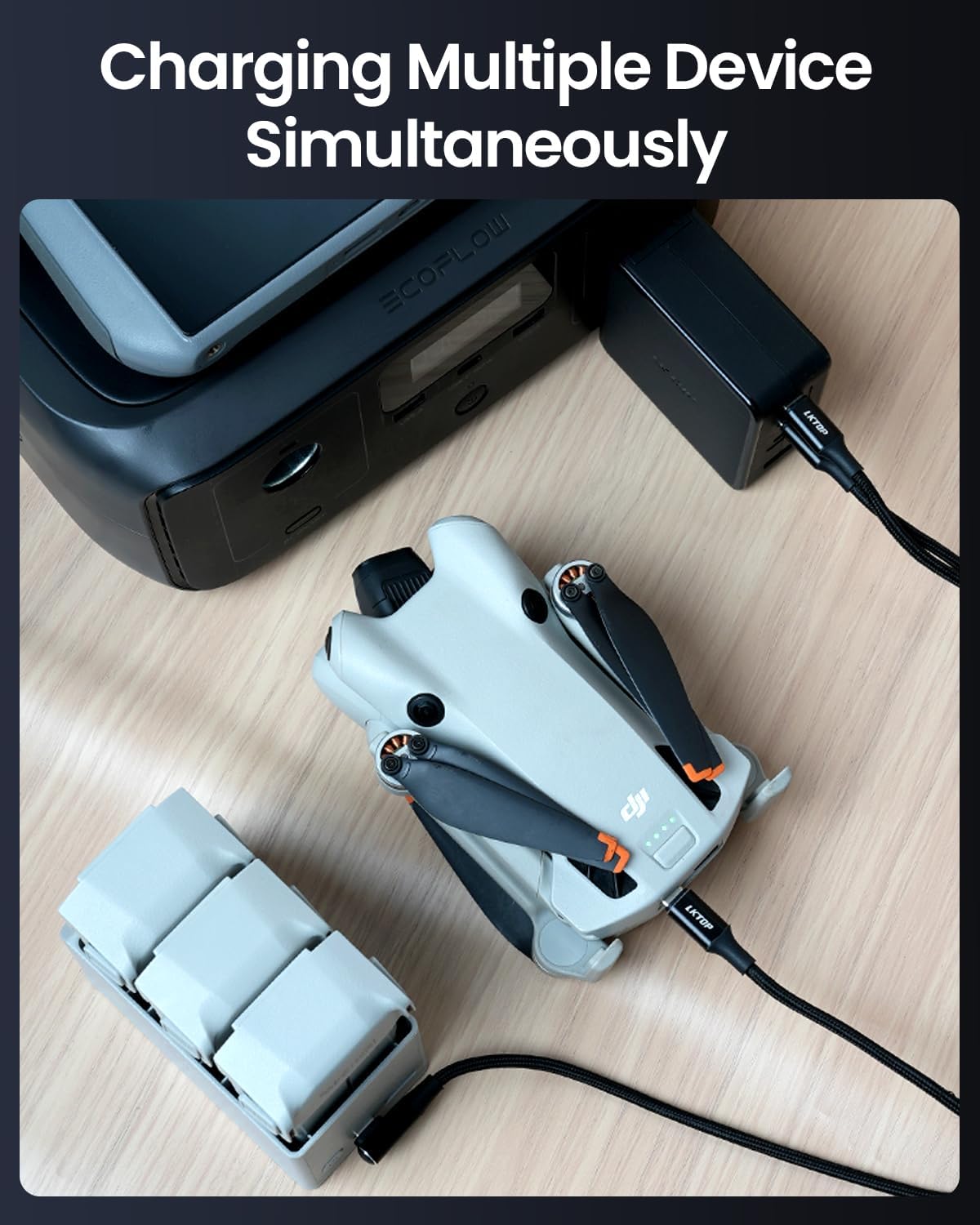 LKTOP Replacement DJI 100W USB-C Power Adapter, 4-Port Battery Charger, GaN Foldable Fast Charging, Compatibility: DJI Mini/Air 3/Mavic 3/Avata/Neo/Flip Series Drone/Charging Hub, Controller, Camera