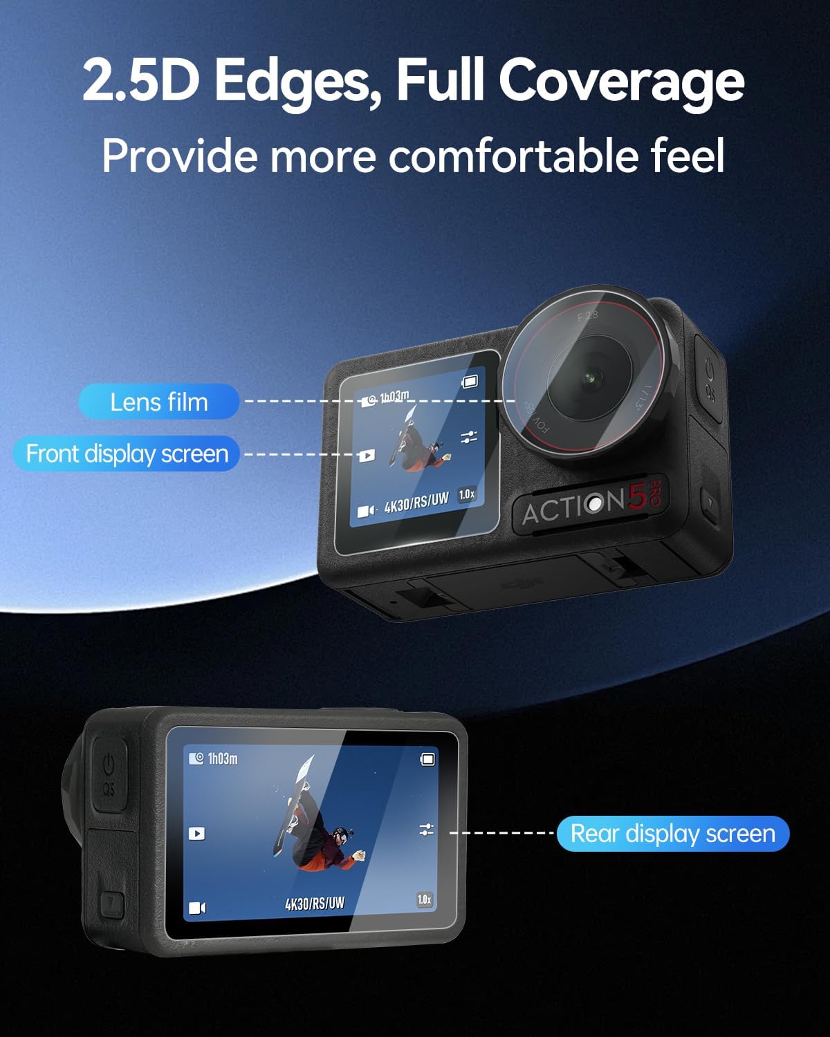 LKTOP 3 Pack DJI Osmo Action 5 Pro Screen Protector, Tempered Glass Front+Back+Lens Film LCD Display Cover for Action5 Pro Accessories, Ultra HD 9H Hardness, Anti Scratch Bubble, with Installation Kit