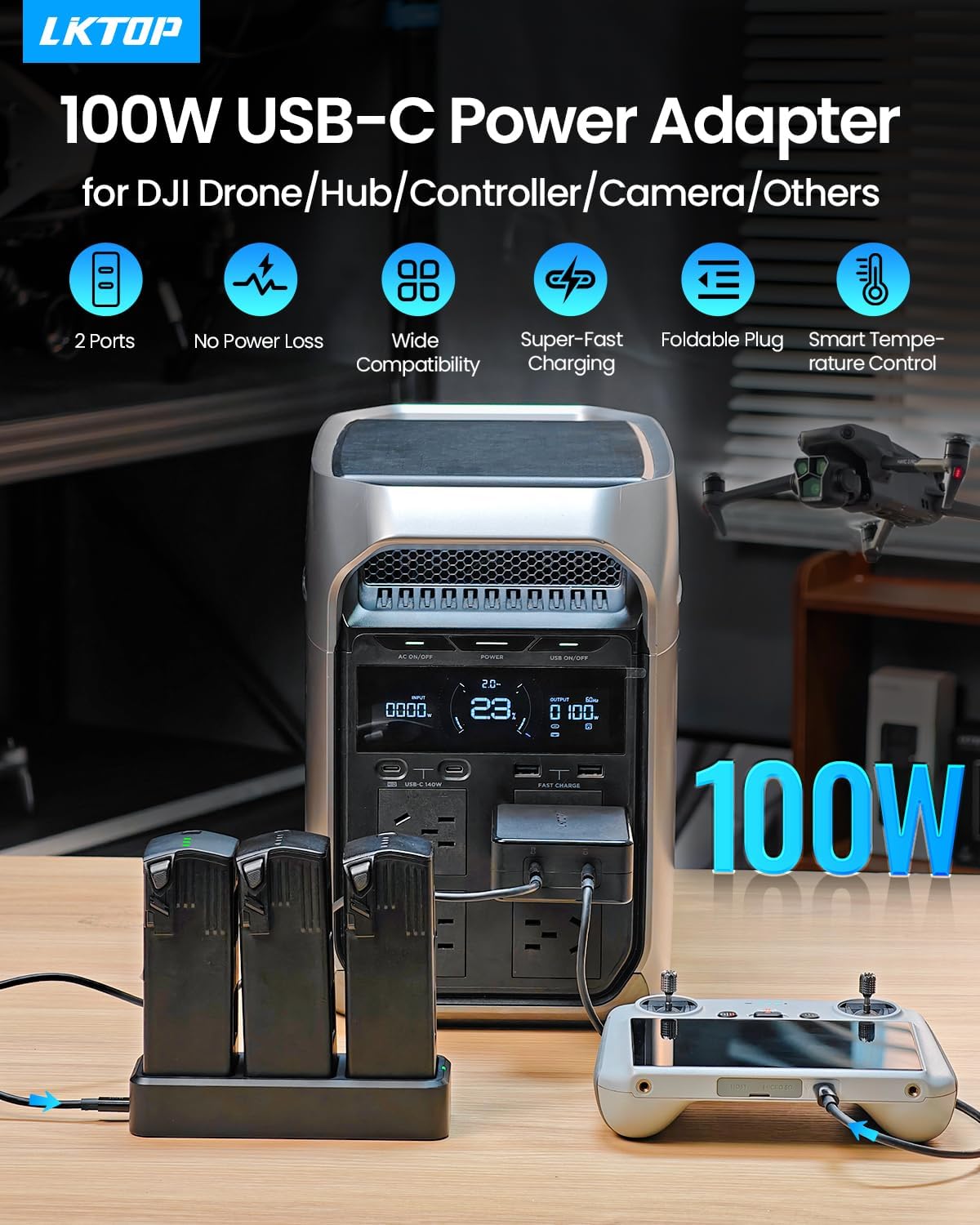 Drone-specific Super Fast Battery Charger for DJI 100W USB-C Power Adapter 2-Port Charging for DJI Mavic 4 Pro/Mavic 3/Air 3/Mini/Avata/Flip/Neo Series Drone/Charging Hub, Camera (No Power Loss)