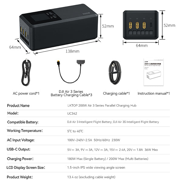 LKTOP 200W Smart Three-Way Charger for DJI Air 3 / Air 3S