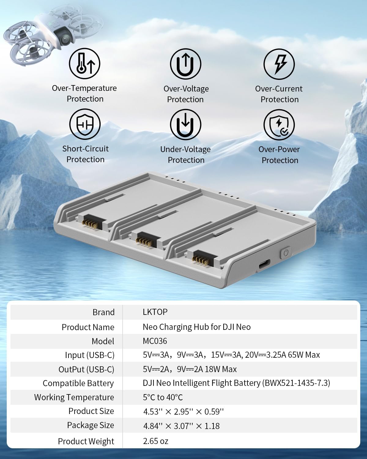 LKTOP 65W Neo Two-Way Charging Hub , Fast Battery Charger for DJI Neo Drone Accessories, with Storage/Output Mode, C to C Cable (Parallel Charge 3 Batteries: 45 min)