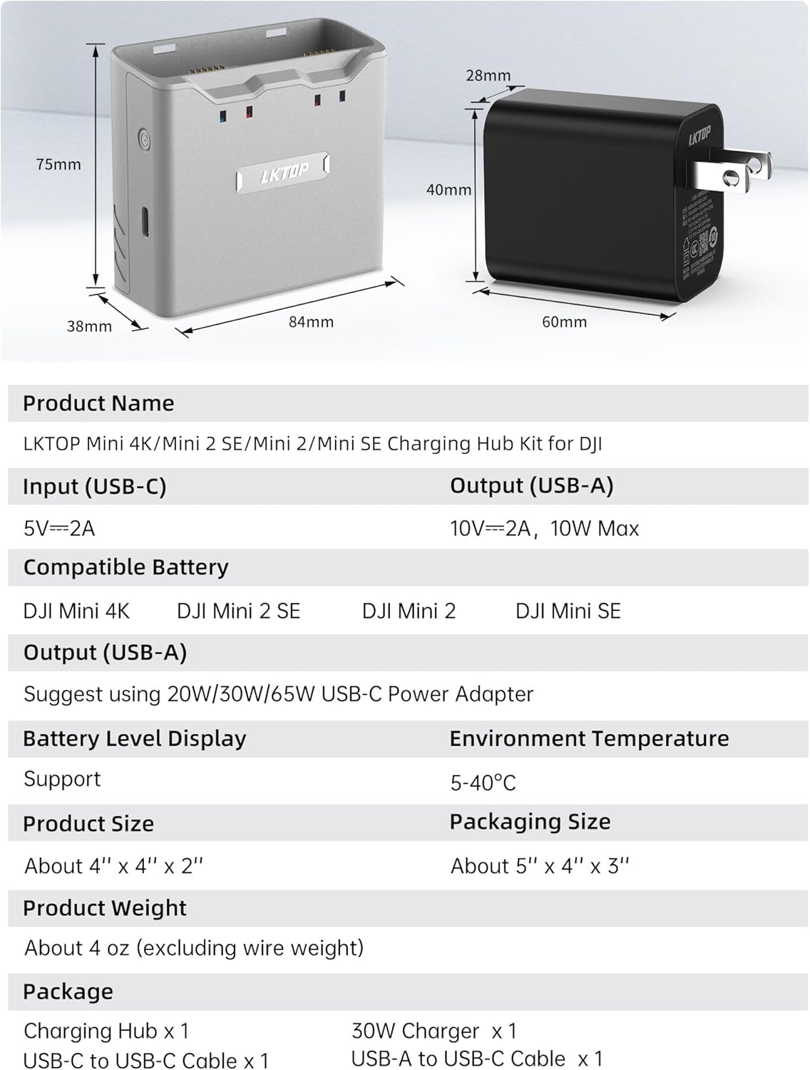 LKTOP Mini 4K/Mini 2 Series Battery Charging Hub, Parallel Charge Dual Batteries, with Discharging Mode (USB-A to USB-C Cable Included))
