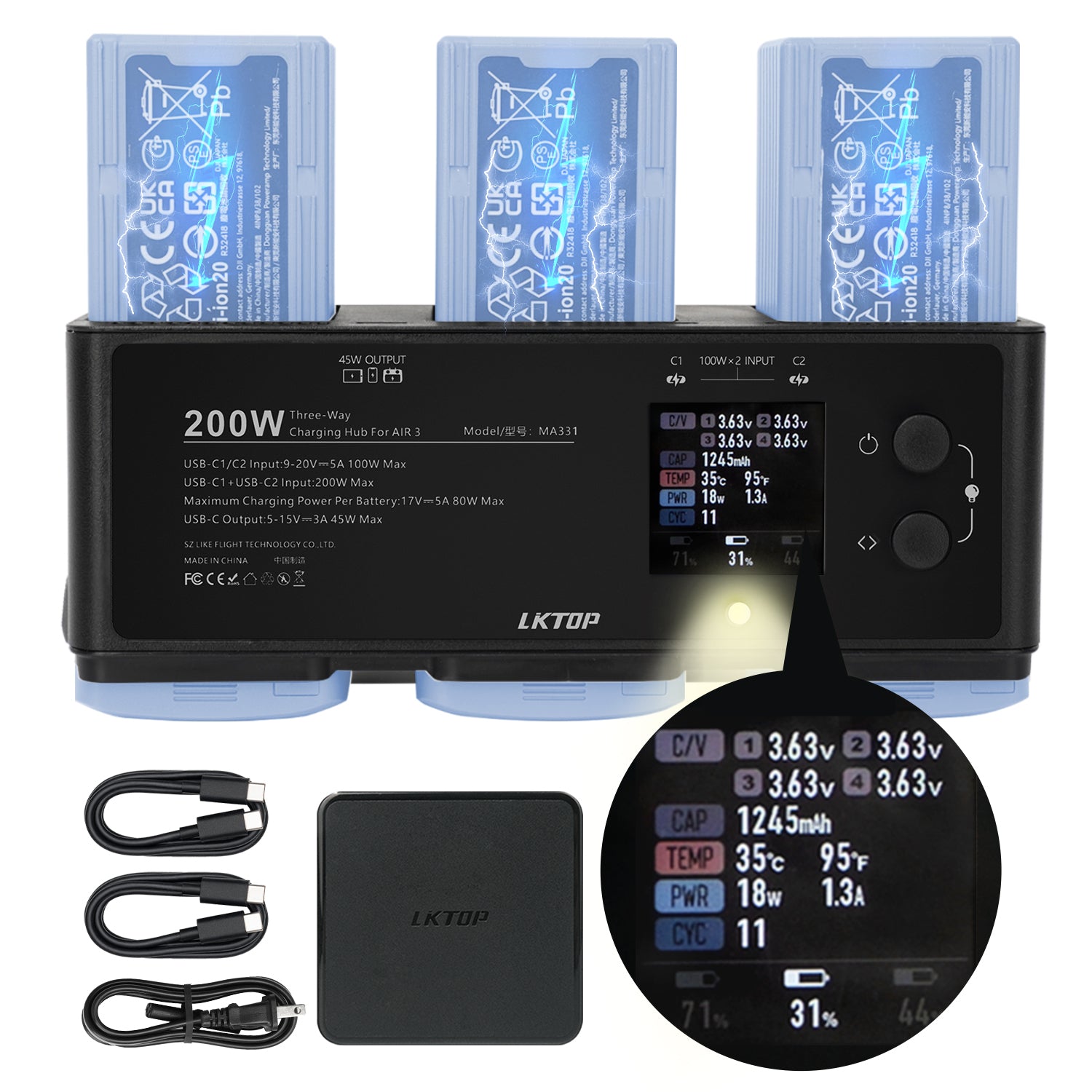 LKTOP 200W Air 3/Air 3S Parallel Charging Hub for DJI/Specta Air3 Series Drone